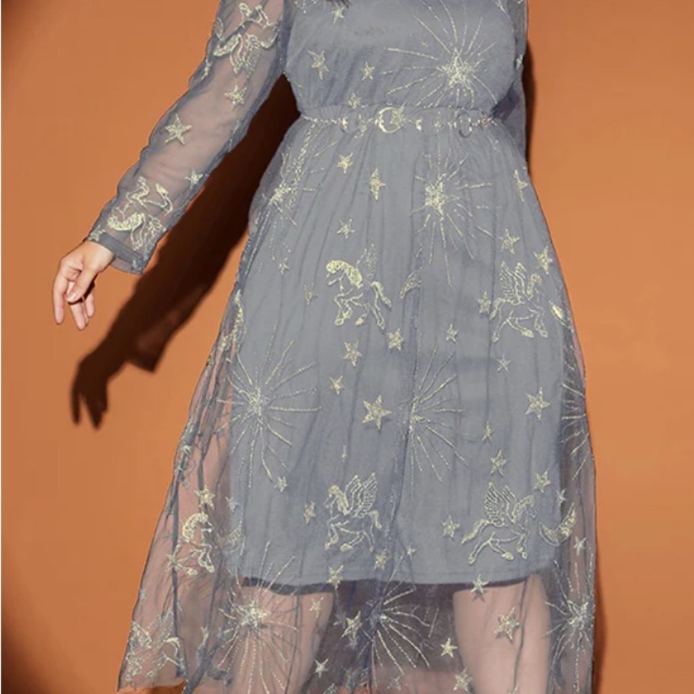 BloomChic Gray Celestial Embroidered Dress